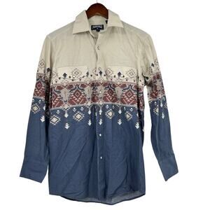 VINTAGE PANHANDLE MENS LONG SLEEVE AZTEC PEARL SNAP SHIRT LONGHORN SKULL Small